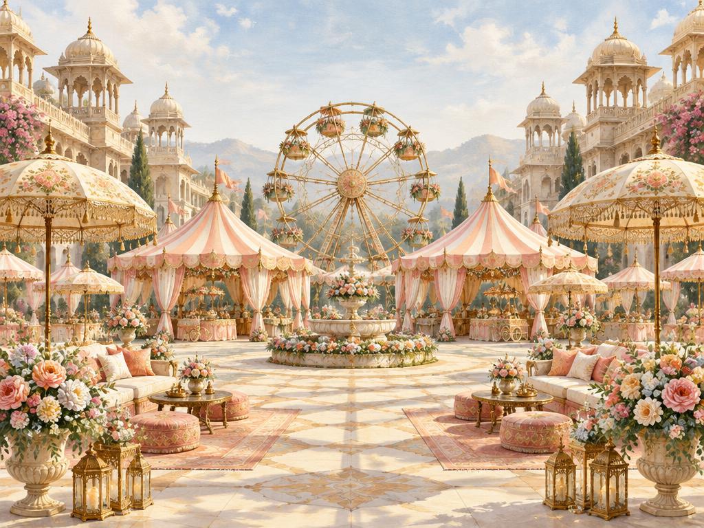 Pastel wedding carnival with a Ferris wheel and flower-filled tents