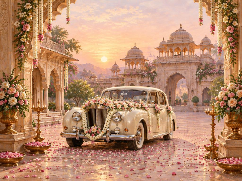 Flower-decorated vintage car in a palace courtyard at sunrise